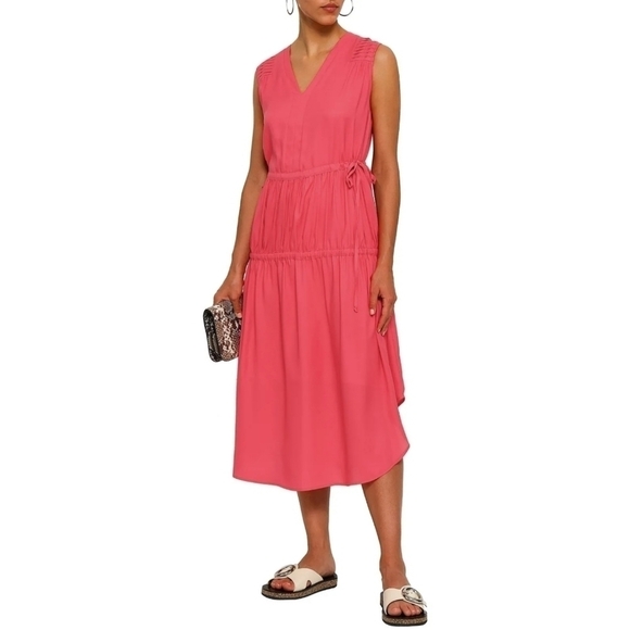 DKNY Gathered Crepe De Chine Midi Dress Coral sz S - Picture 1 of 8